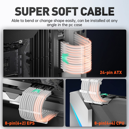 Asiahorse 18AWG Pro Power Supply Sleeved Cable for Power Supply Extension Cable Wire Kit 1x24-PIN/ 2x8-PORT (4+4) M/B,3x8-PORT (6+2) PCI-E 30cm Length with Combs(Dual EPS White)